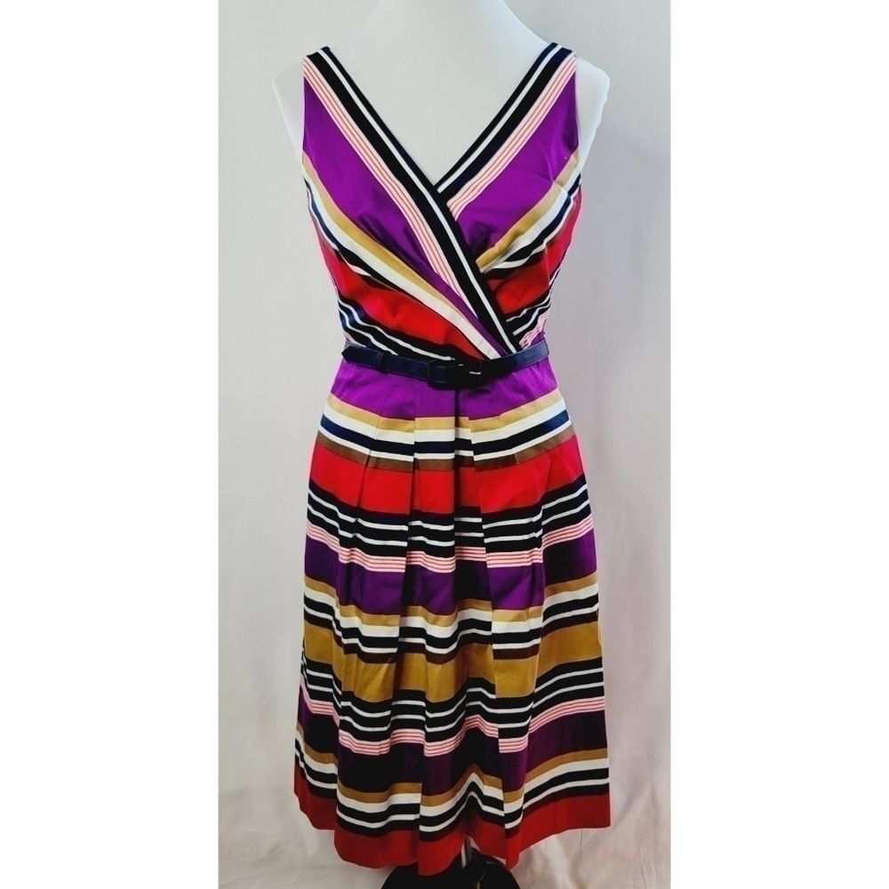 Anne Klein Dress Azalea Sleeveless V-Neck Multi Color Striped A-Line Midi Size 4